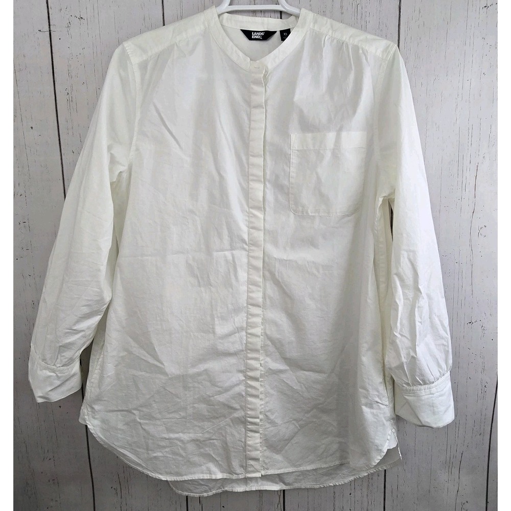 Lands End Tunic Shirt Womens XL 18 White Band Collar Cotton Hidden Button Down